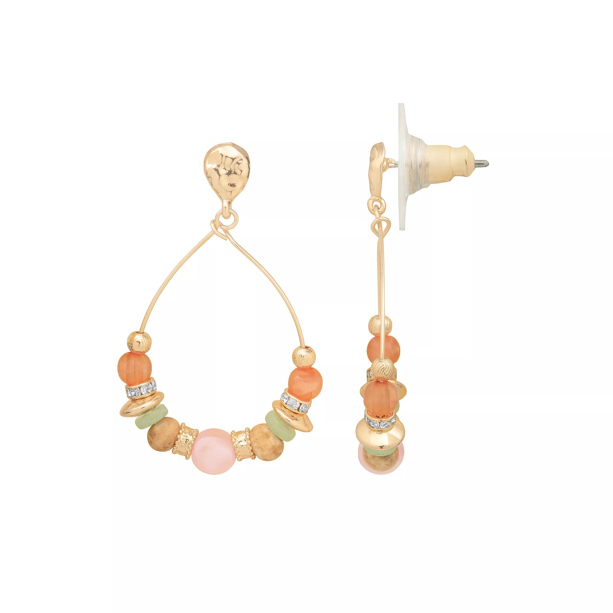 Emberly Gold Tone Wood And Bead Detailed Open Drop Hoop Earrings, Women's, Multi Product Image