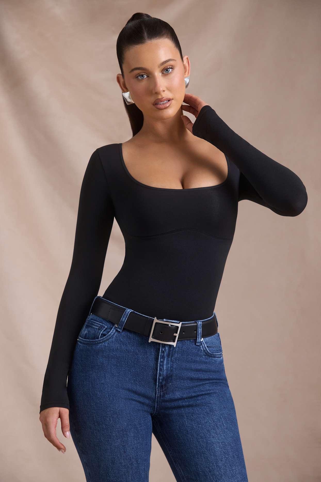 Seamless Long-Sleeve Bodysuit in Black Product Image