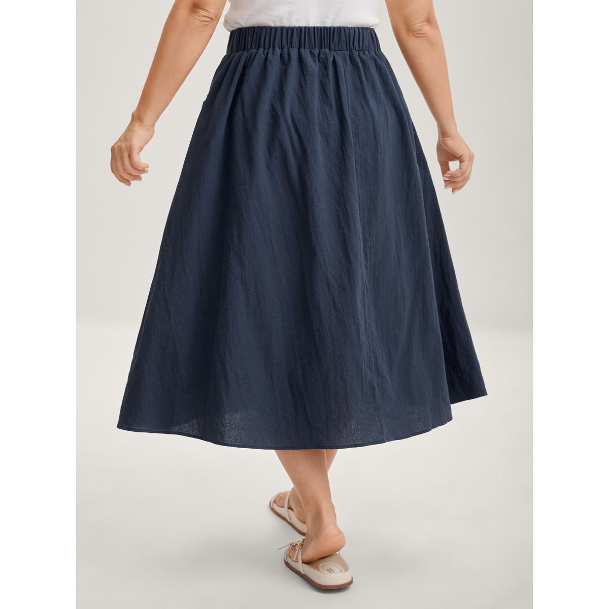 Plus Size Solid Button Detail Midi Skirt Women DarkBlue Loose No stretch Side seam pocket Everyday-Casual Skirts BloomChic 30/6X Product Image