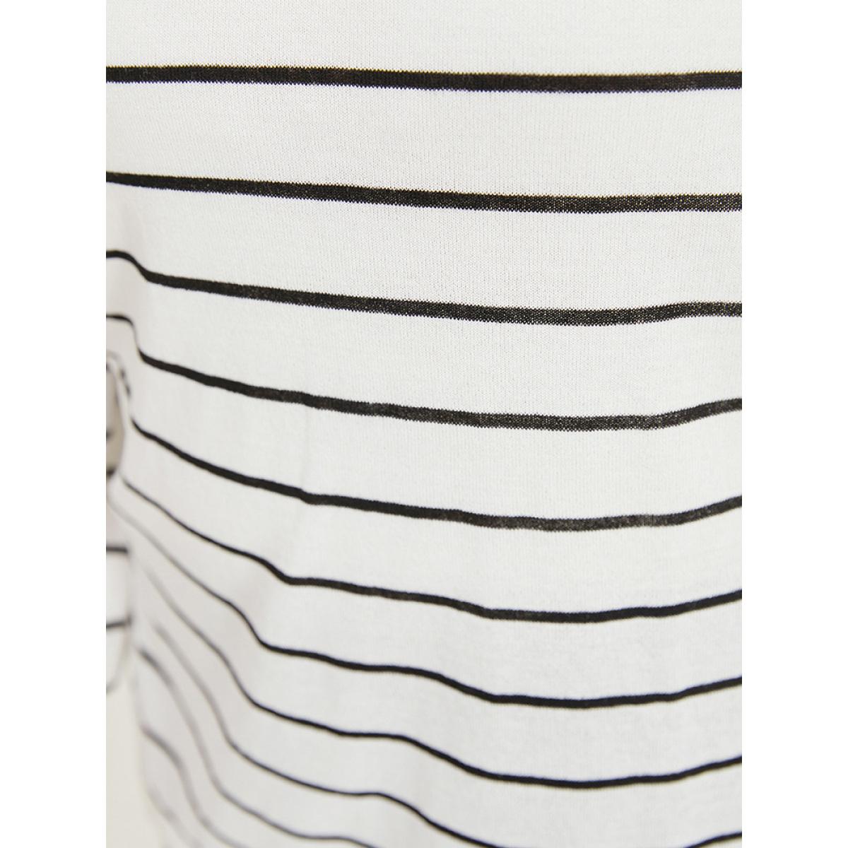 Plus Size Striped Split Side Lightweight Elastic Cuffs Pullover White Women Casual Loose Long Sleeve Round Neck Everyday Pullovers BloomChic 14-16/1X Product Image