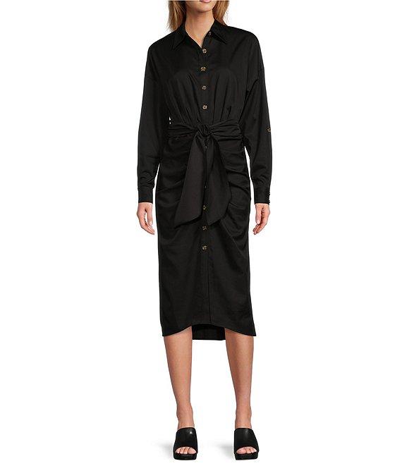Antonio Melani Roxanne Point Collar Long Sleeve Ruched Tie Waist Button Front Shirt Dress Product Image