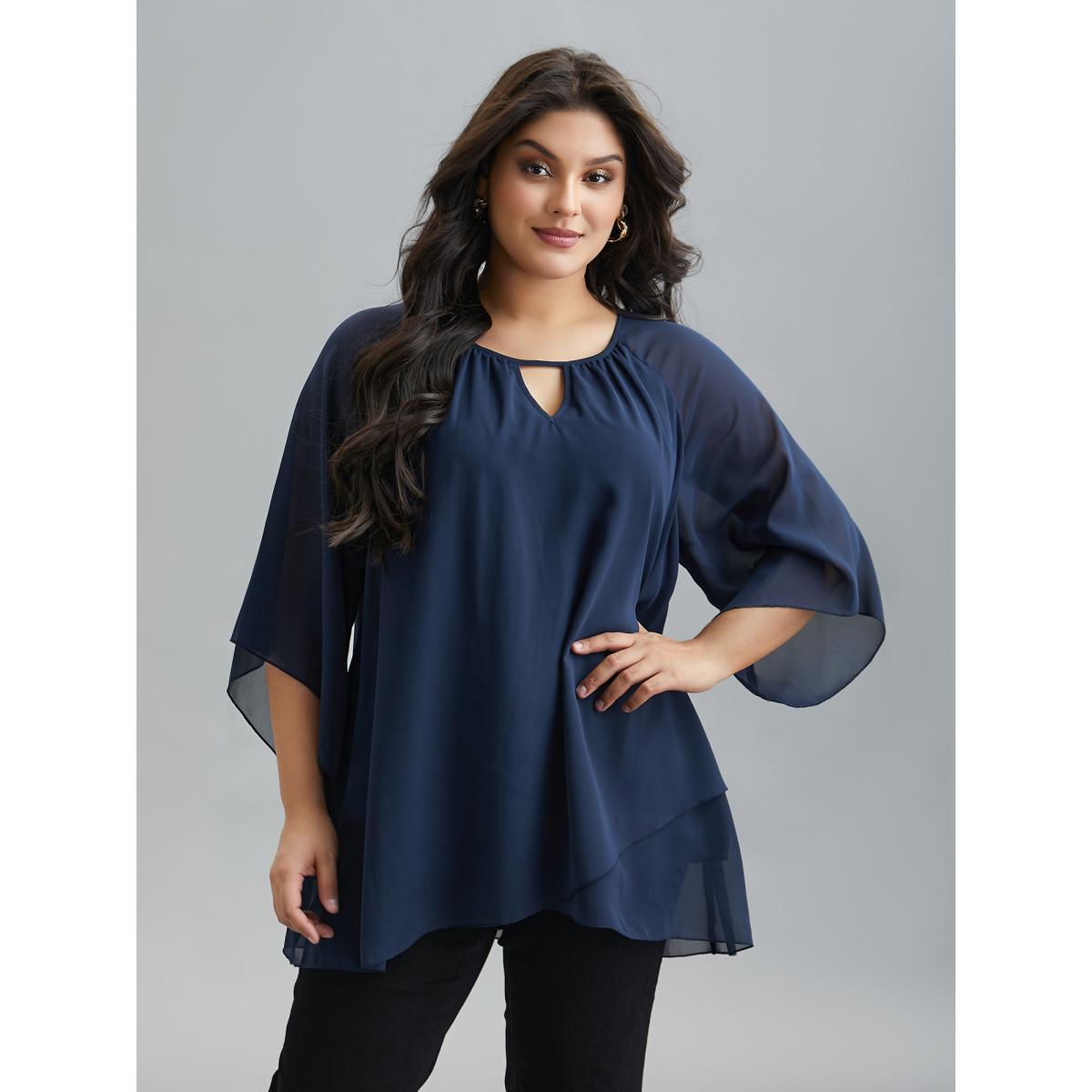 Plus Size Indigo Ruched Neckline Lotus Leaf Sleeve Blouse Women Elegant Elbow-length sleeve Round Neck Everyday Blouses BloomChic 12/L Product Image