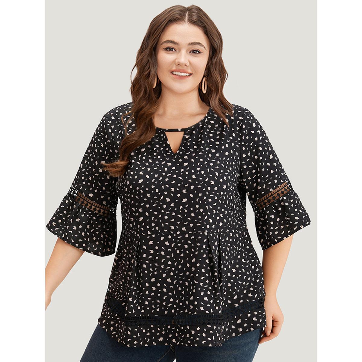 Plus Size Black Leopard Print Flutter Sleeve Keyhole Hollow Out Blouse Women Elegant Half Sleeve Keyhole Cut-Out Dailywear Blouses BloomChic 26/4X Product Image