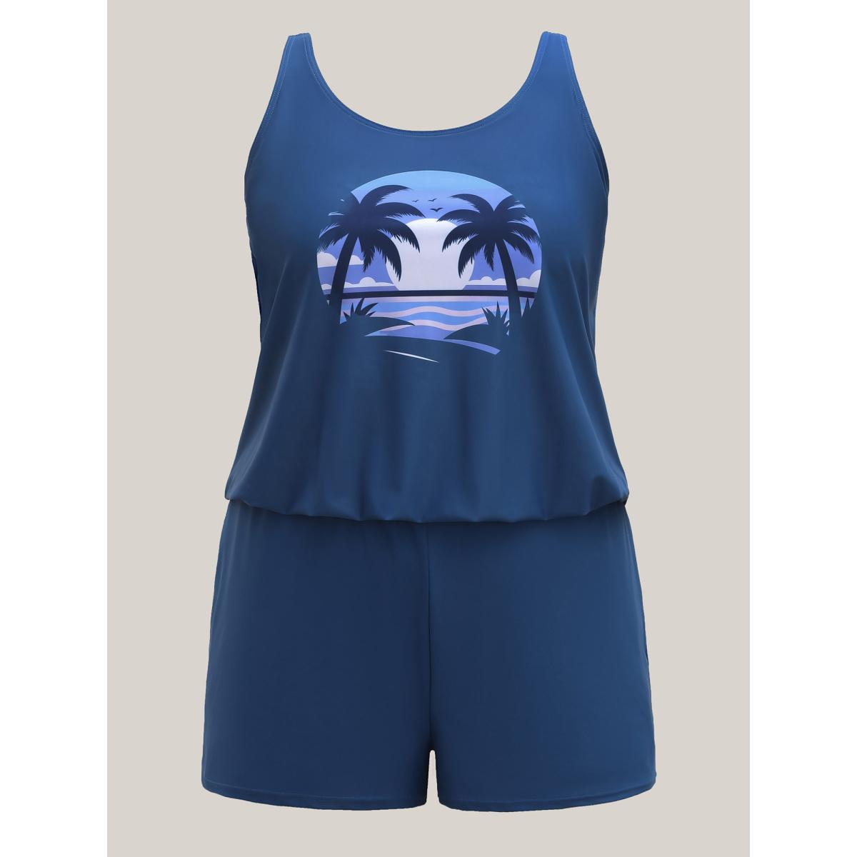 Plus Size Island Pattern Pockets One-Piece Swimsuit Women's Swimwear Mediumblue Resort Curve Bathing Suits High stretch One Pieces BloomChic 30/6X Product Image