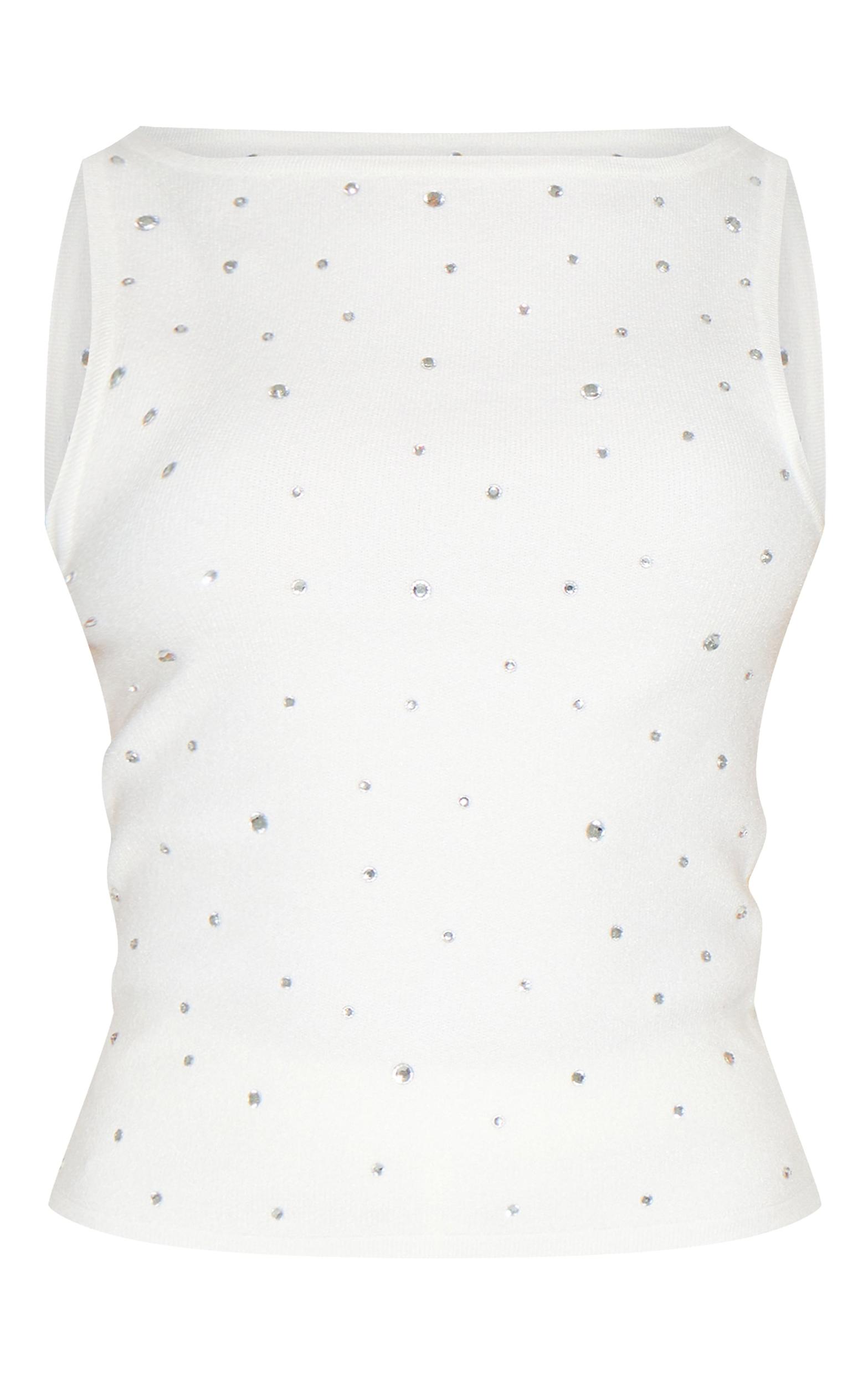 Petite White Knitted Diamante Boatneck Long Top Product Image