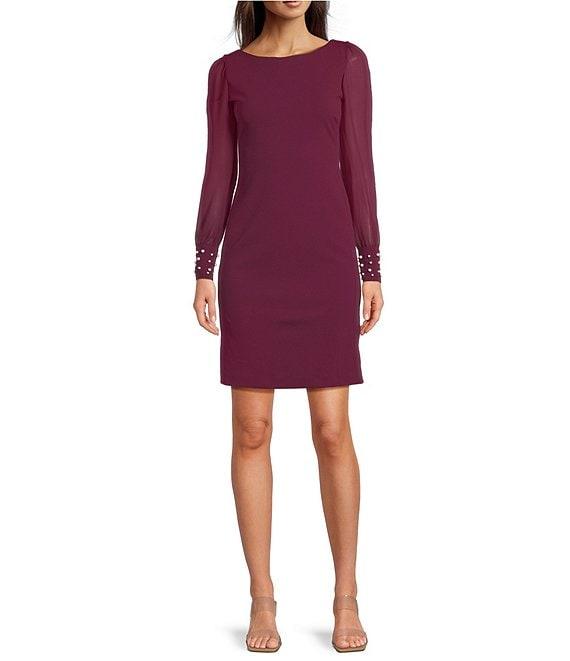 KARL LAGERFELD PARIS Scuba Crepe Crew Neck Chiffon Long Sleeve Pearl Cuff Sheath Mini Dress Product Image