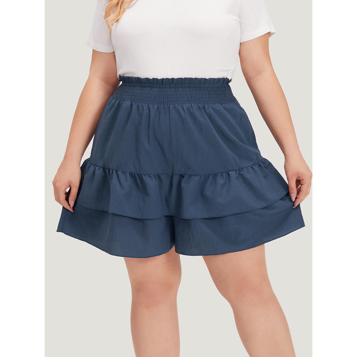 Plus Size Solid Paperbag Waist Shirred Layered Hem Shorts Women Indigo Casual Plain Dailywear Shorts BloomChic 30/6X Product Image