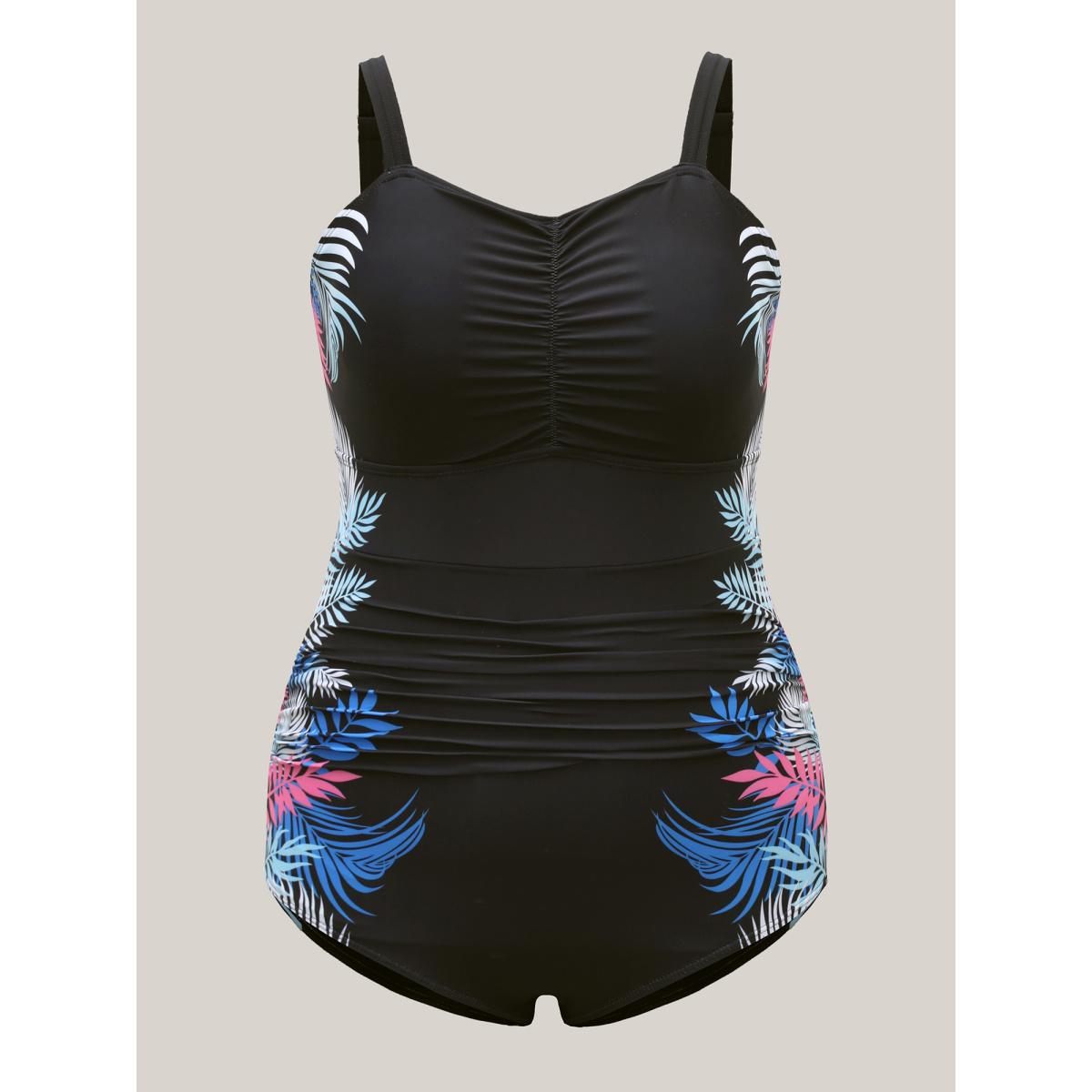 Plus Size Floral Pattern Sweetheart Neck One-Piece Swimsuit Women's Swimwear Black Beach Gathered Curve Bathing Suits High stretch One Pieces BloomChic 18-20/2X Product Image