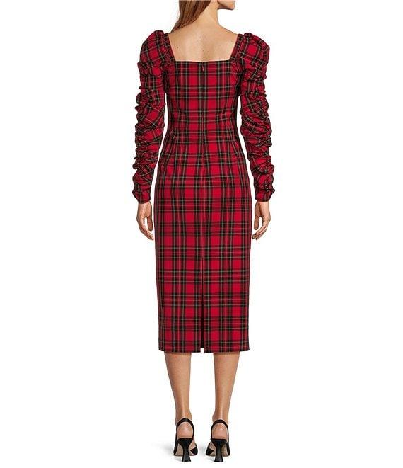Antonio Melani Elena Plaid Square Neck Long Ruched Sleeve Dress Product Image
