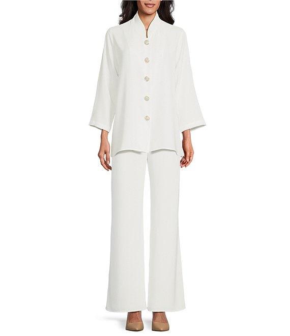 Caroline Rose Matte Crepe Mandarin Collar 3/4 Sleeve Black Rhinestone Button Jacket Product Image