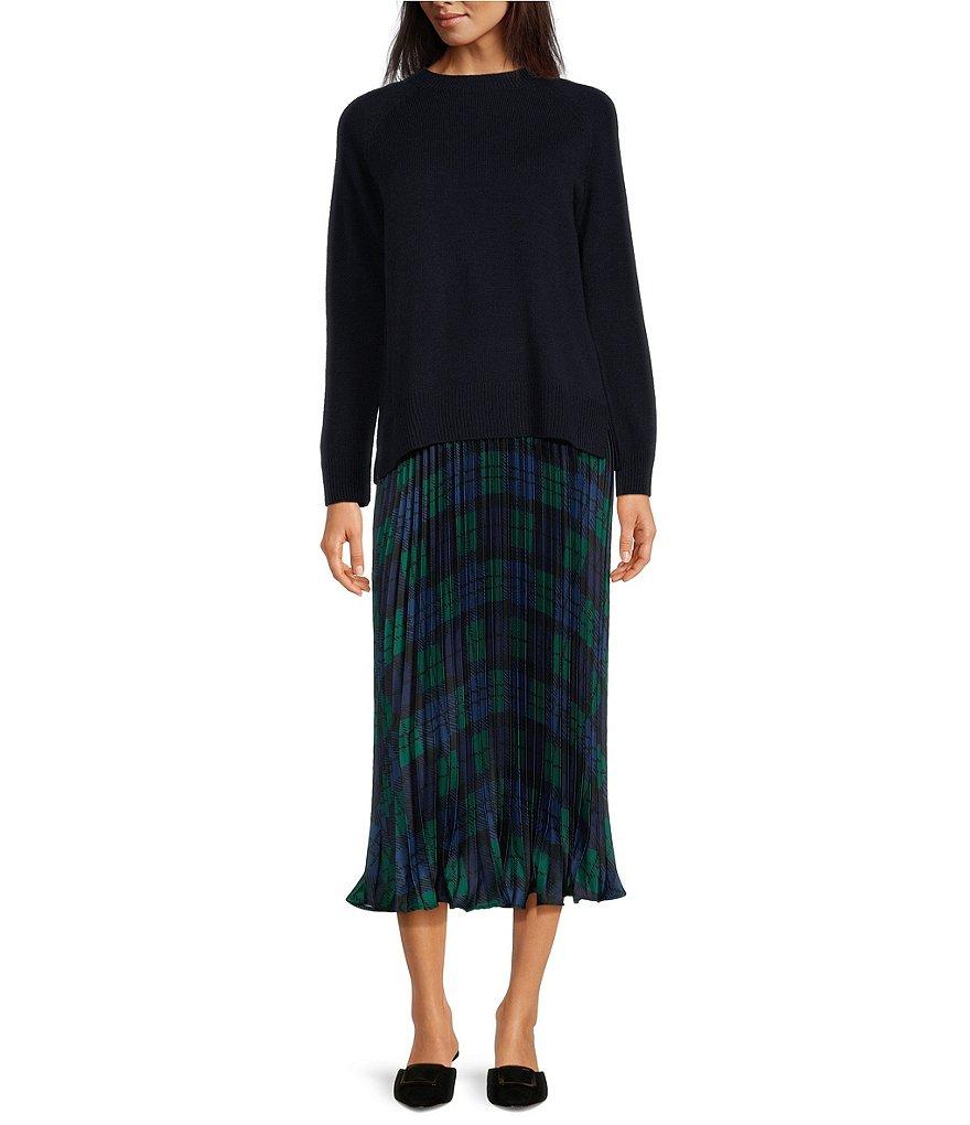 Sail To Sable x Style Charade 2-Piece Combo Crew Neck Long Sleeve Sweater With Blackwatch Plaid Pleated Slip Dress Product Image