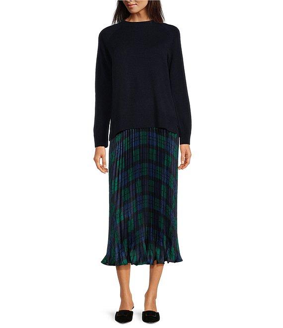 Sail To Sable x Style Charade 2-Piece Combo Crew Neck Long Sleeve Sweater With Blackwatch Plaid Pleated Slip Dress Product Image