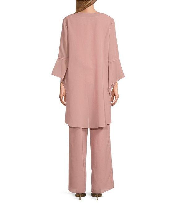 Le Bos 3-Piece 3/4 Bell Sleeve Embroidered Metallic Scallop Hem Scoop Neck Duster Pant Set Product Image