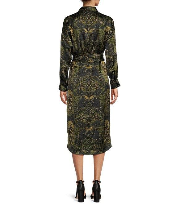 Antonio Melani Roxanne Satin Motif Print Point Collar Long Sleeve Button Front Belted Ruched Waist Midi Shirt Dress Product Image