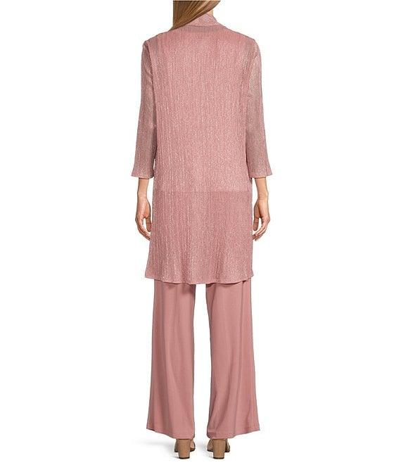 R & M Richards Pleated Crinkle Metallic Scoop Neck 3/4 Sleeve 3-Piece Pant Set Product Image