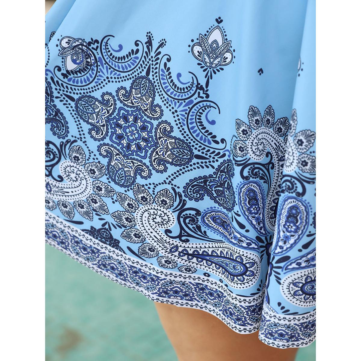 Plus Size Bandana Print Surplice Neck A Line Swim Dress Women's Swimwear LightBlue Vacation Bodycon V-neck High stretch Curve Swim Dresses BloomChic 10/M Product Image