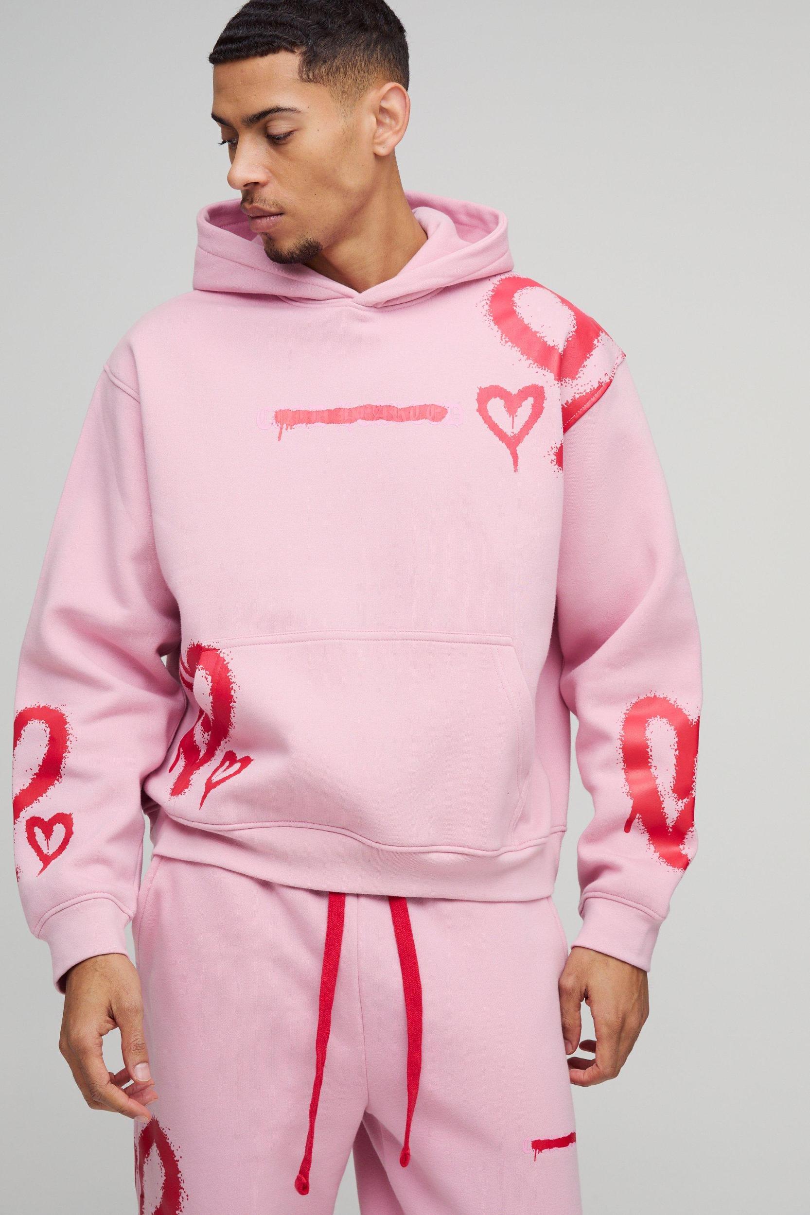 Oversized Boxy All Over Heart Printed Hooded Tracksuit | boohooMAN USA Product Image