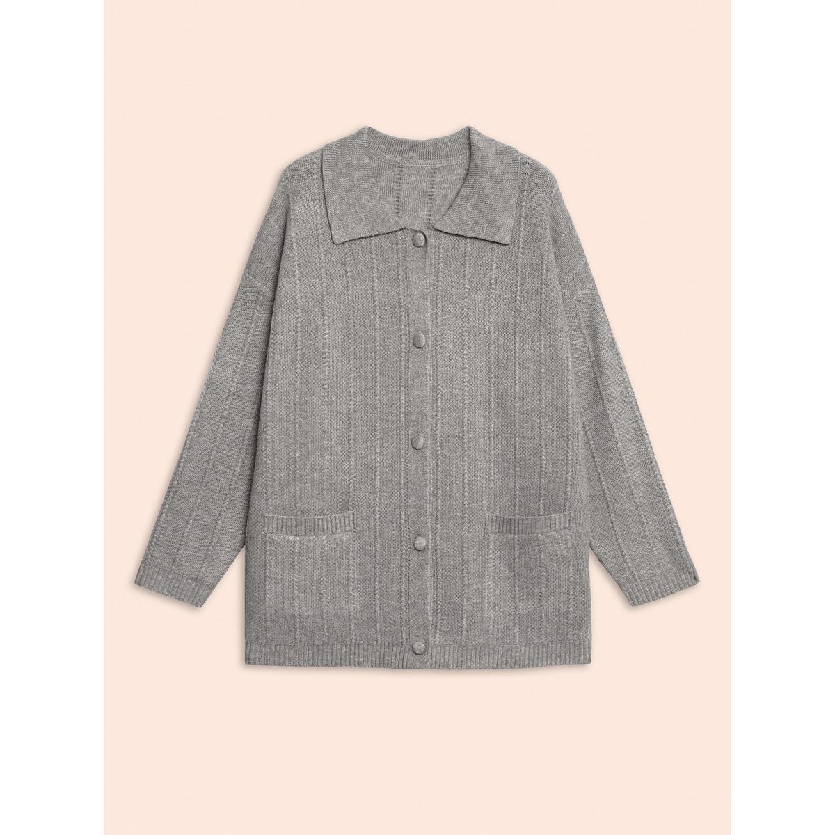 Plus Size Plain Textured Polo Neck Pocket Cardigan Mediumgray Women Casual Loose Long Sleeve Everyday Cardigans BloomChic 14-16/1X Product Image