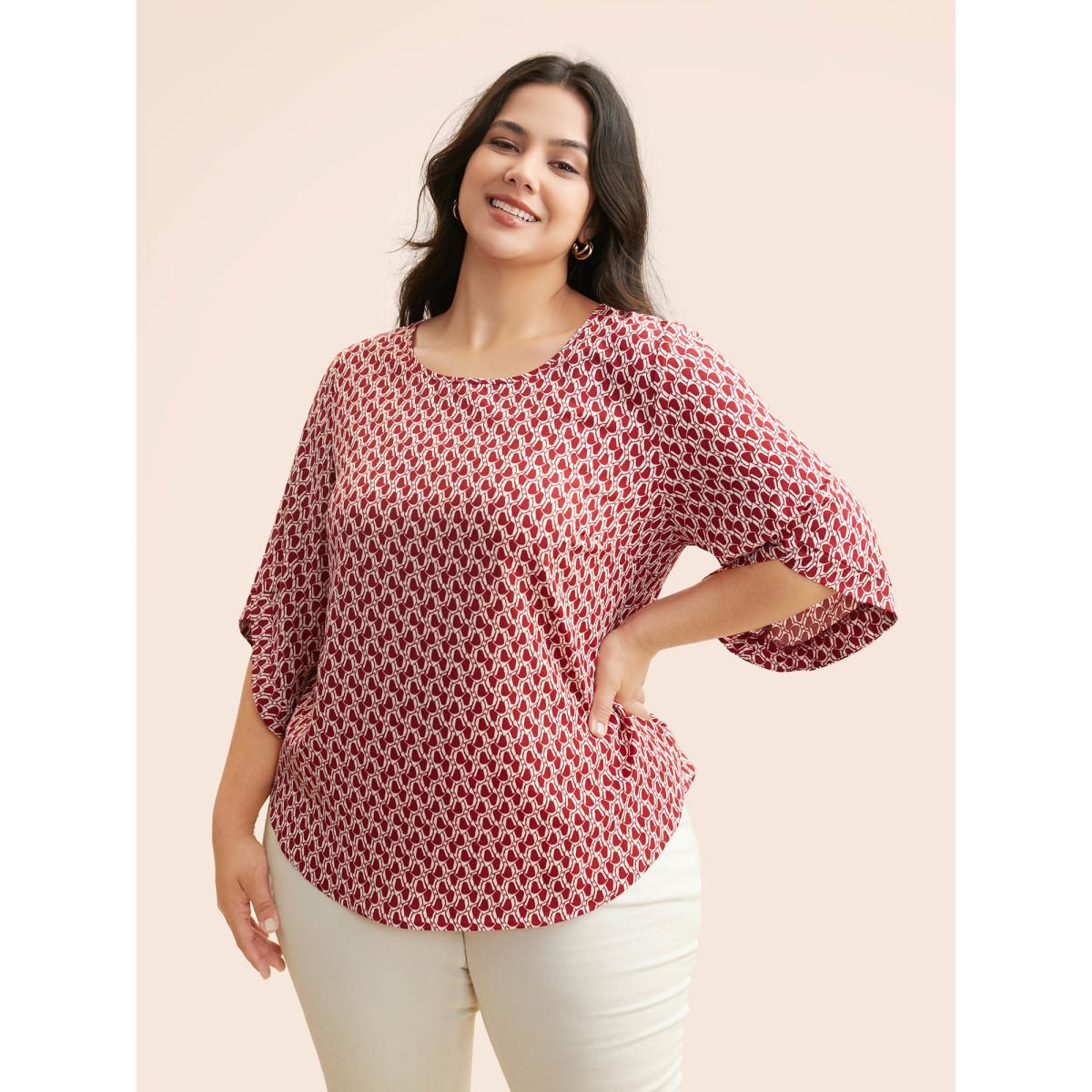 Plus Size Scarlet Geometric Round Neck Bell Sleeve Blouse Women At the Office Three Quarter Length Sleeve Round Neck Office Blouses BloomChic 28/5X Product Image