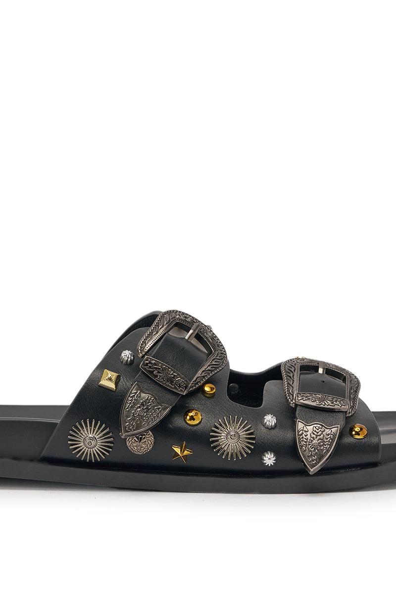 AKIRA BARCLAY BLACK METAL EMBELLISHED SLIP ON FLAT SANDAL Product Image