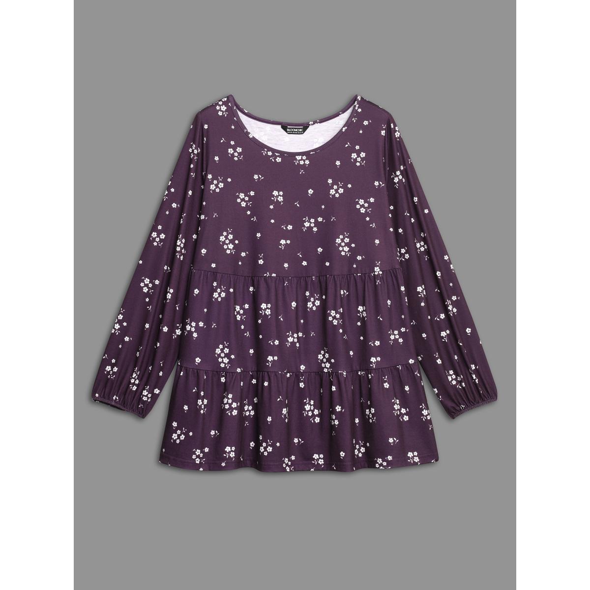 Plus Size Ditsy Floral Gathered Ruffle Hem T-shirt Eggplant Women Casual Gathered Natural Flowers Round Neck Loose Everyday T-shirts BloomChic 14-16/1X Product Image