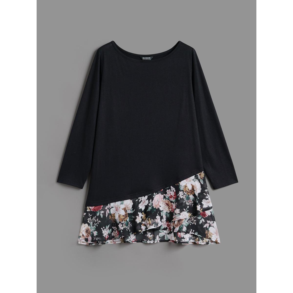 Plus Size Floral Print Contrast Round Neck T-Shirt Black Women Elegant Overlapping Natural Flowers Boat Neck Loose Everyday T-shirts BloomChic 18-20/2X Product Image