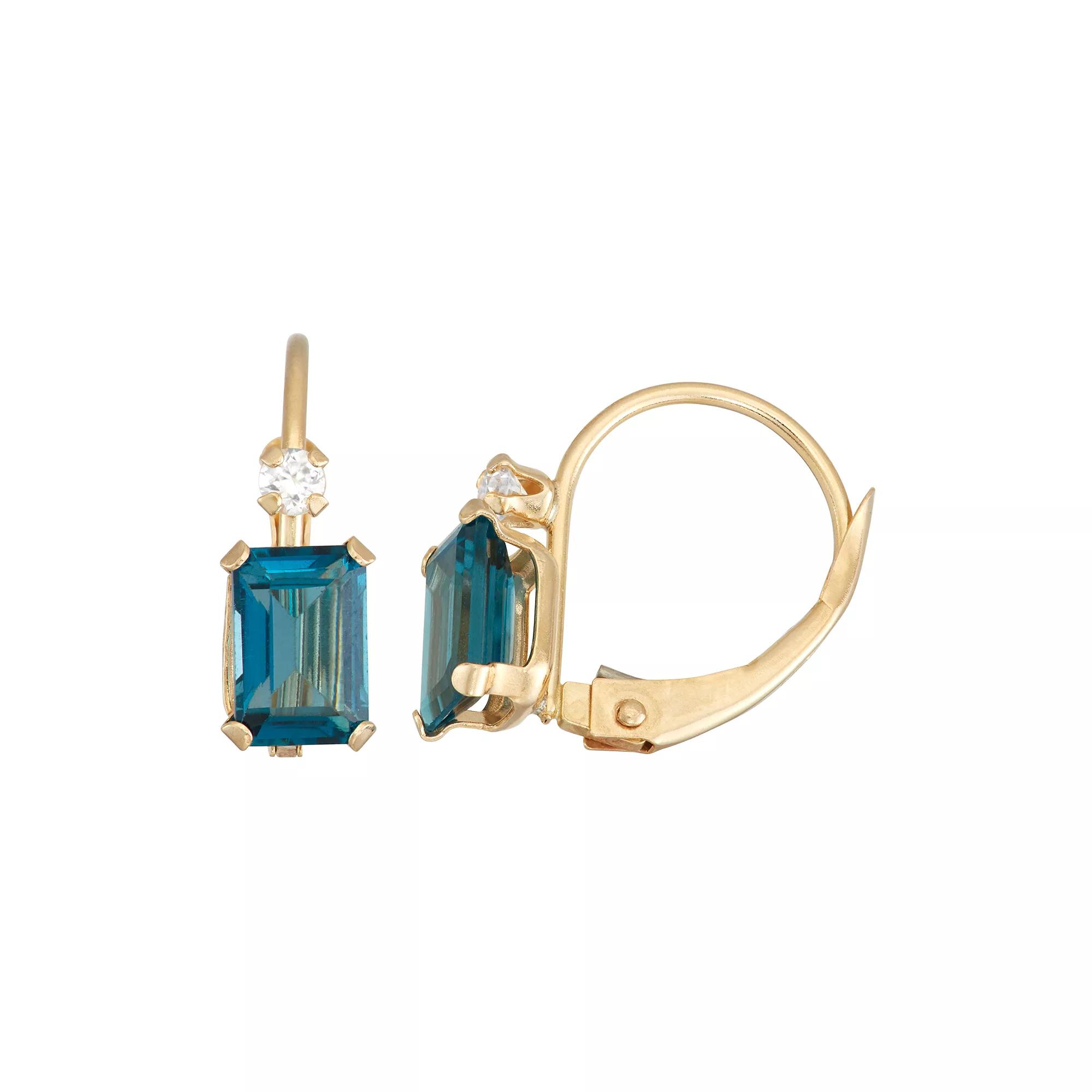 Designs by Gioelli 10k Gold Emerald-Cut London Blue Topaz & White Zircon Leverback Earrings, Women's Product Image