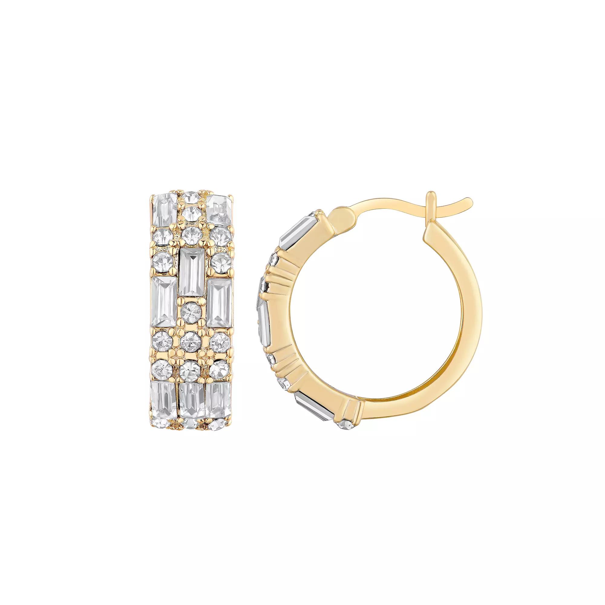 Chrystina Round & Baguette Crystal Hoop Earrings, Women's, Gold Tone Product Image