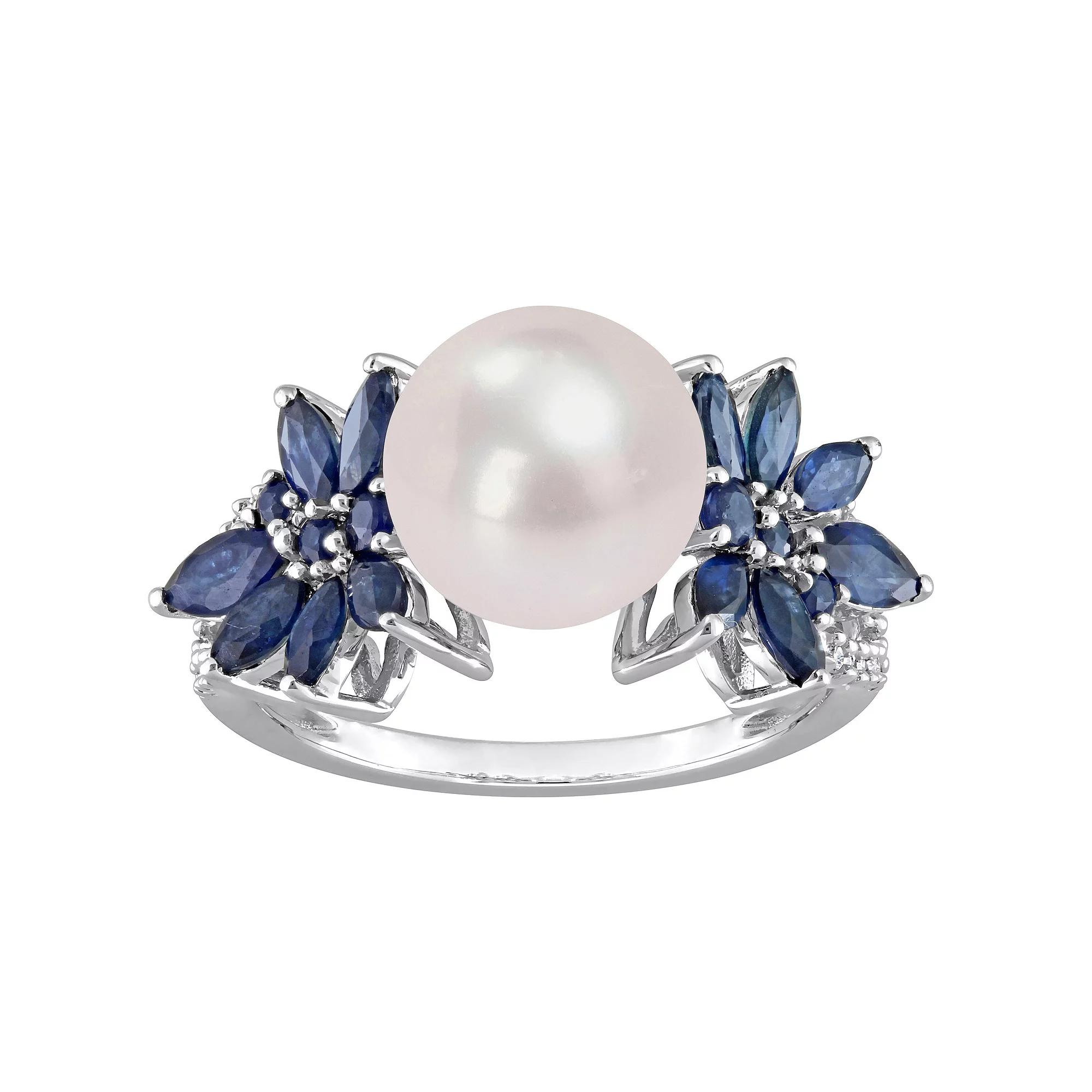 Stella Grace 14k White Gold Freshwater Cultured Pearl, Sapphire & 1/8 Carat T.W. Diamond Flower Ring, Womens Product Image