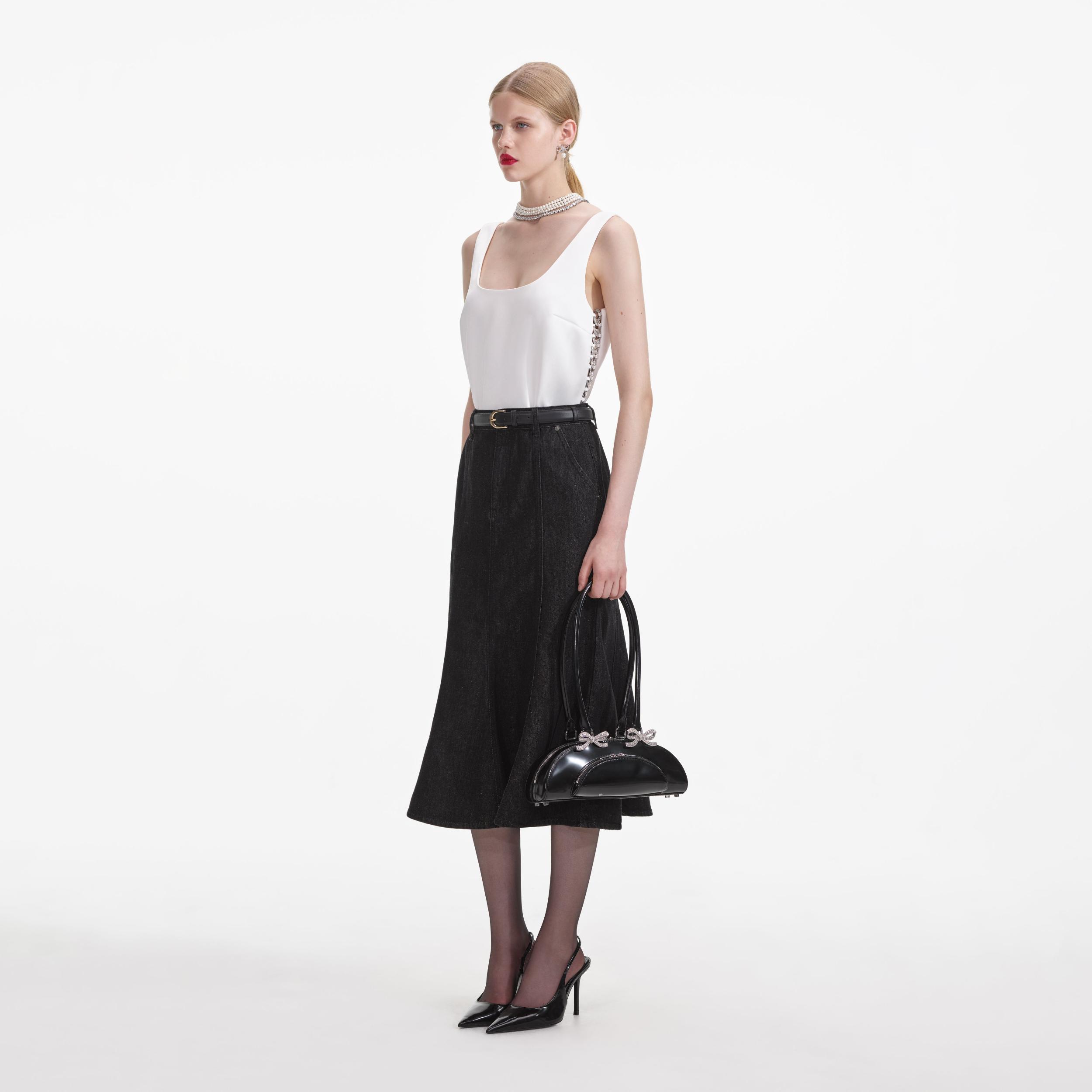 Black Flared Denim Midi Skirt Product Image