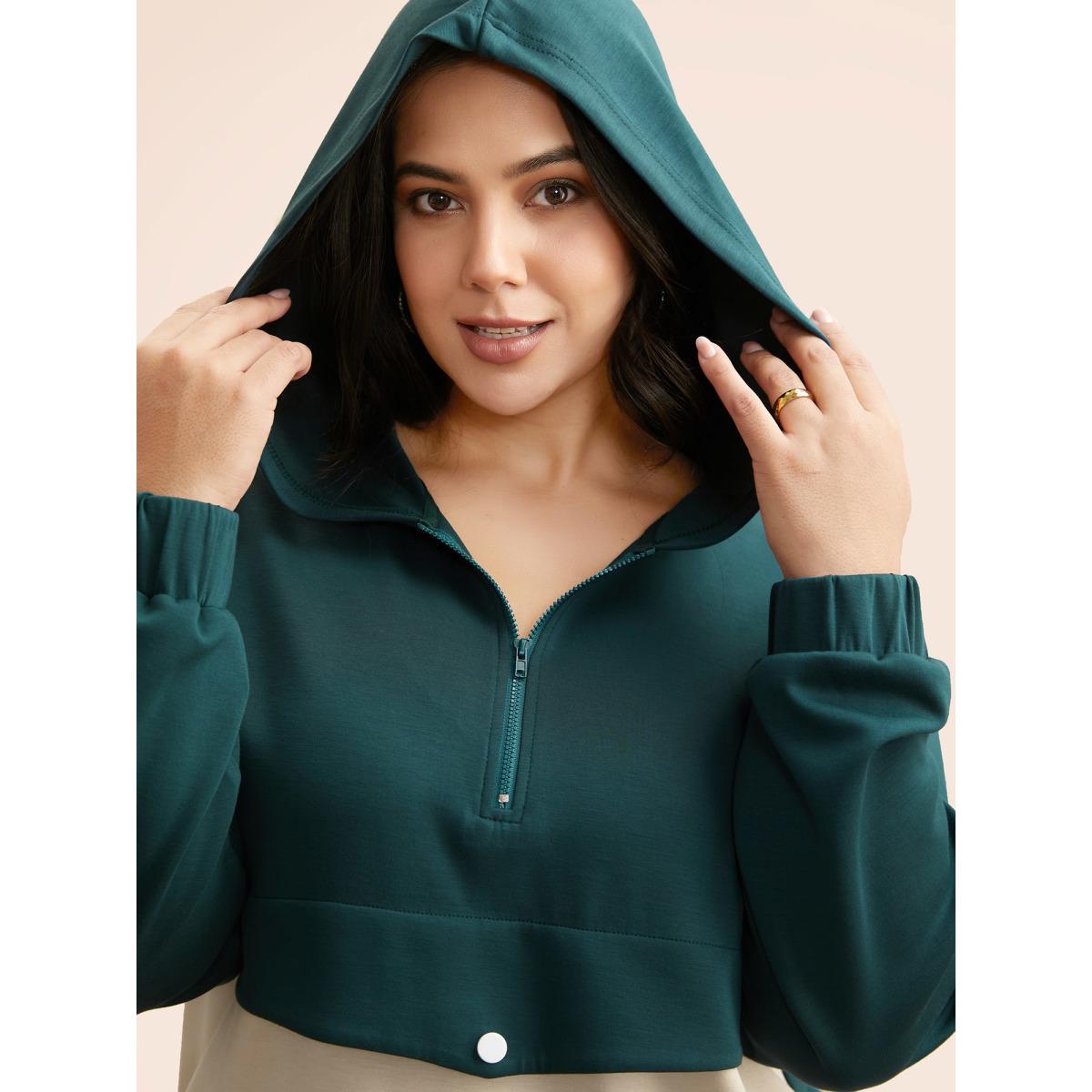 Plus Size Contrast Half Zip Hooded Sweatshirt Women Cyan Casual Contrast Hooded Everyday Sweatshirts BloomChic 22-24/3X Product Image