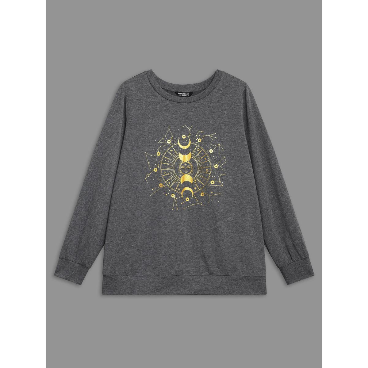 Plus Size Star & Moon Print Round Neck Sweatshirt Women DimGray Casual Non Round Neck Everyday Sweatshirts BloomChic 10/M Product Image