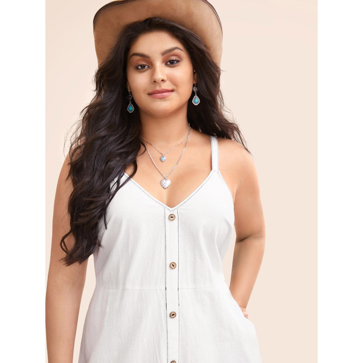 Plus Size Hollow Front Button Detail Flare Maxi Dress Originalwhite Women Resort Topstitching V-neck Sleeveless Curvy BloomChic 30/6X Product Image