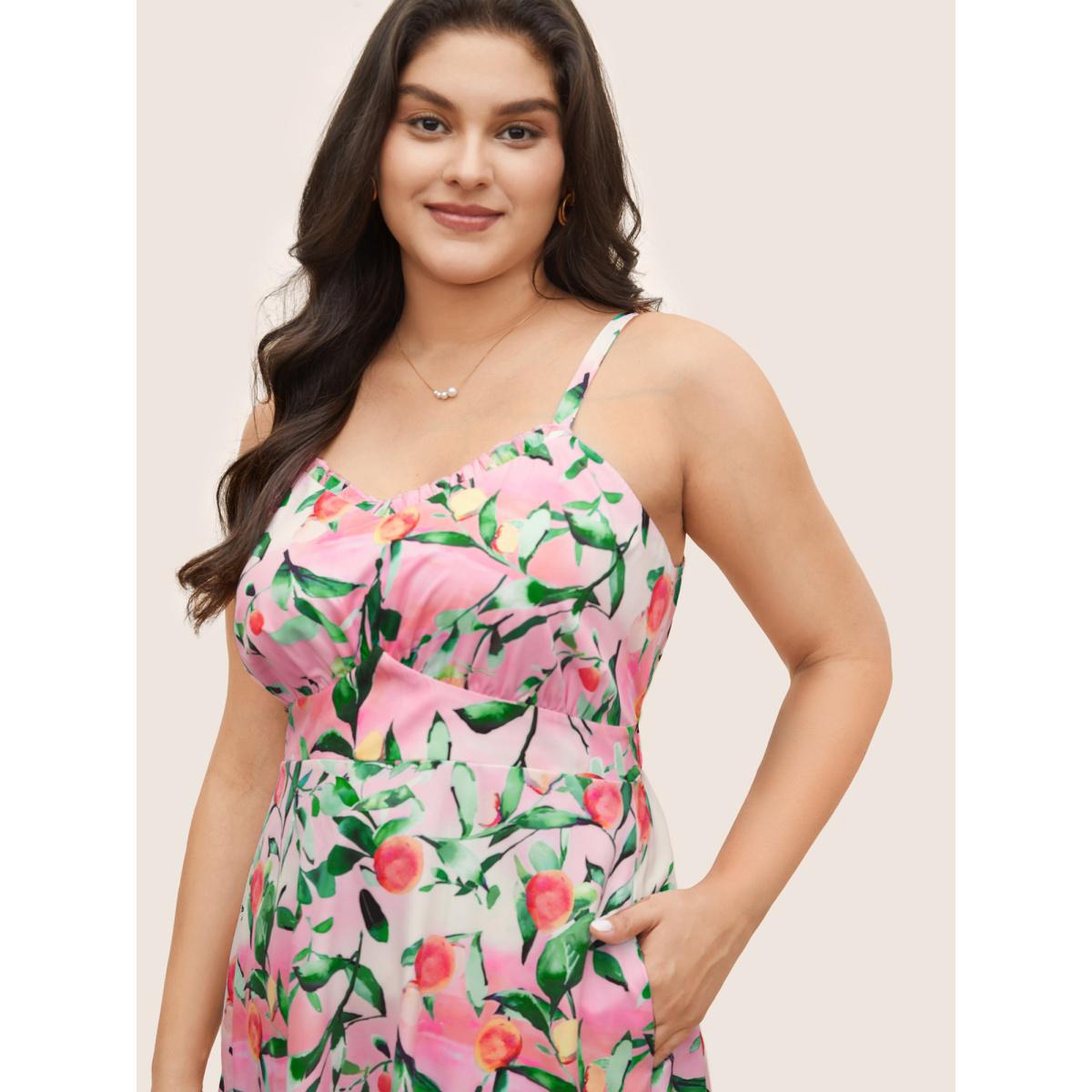 Plus Size Citrus Fruit Print Frill Trim Pocket Cami Dress Pink Women Elegant Non V-neck Sleeveless Curvy Midi Dress BloomChic 26/4X Product Image