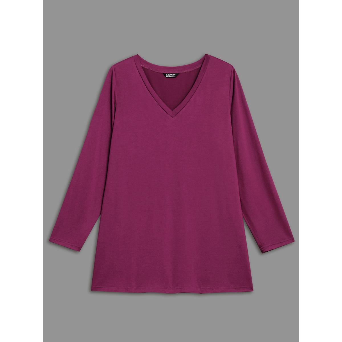 Plus Size Solid V Neck Basic T-shirt Deeppurplered Women Casual Non V-neck Loose Everyday T-shirts BloomChic 30/6X Product Image