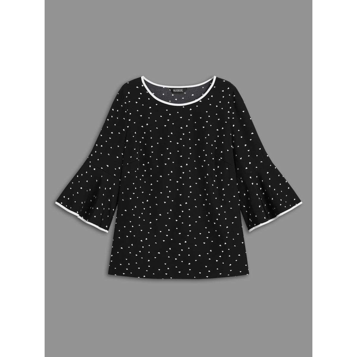 Plus Size Black Heart Print Bell Sleeve Patchwork Blouse Women Elegant Elbow-length sleeve Round Neck Everyday Blouses BloomChic 30/6X Product Image