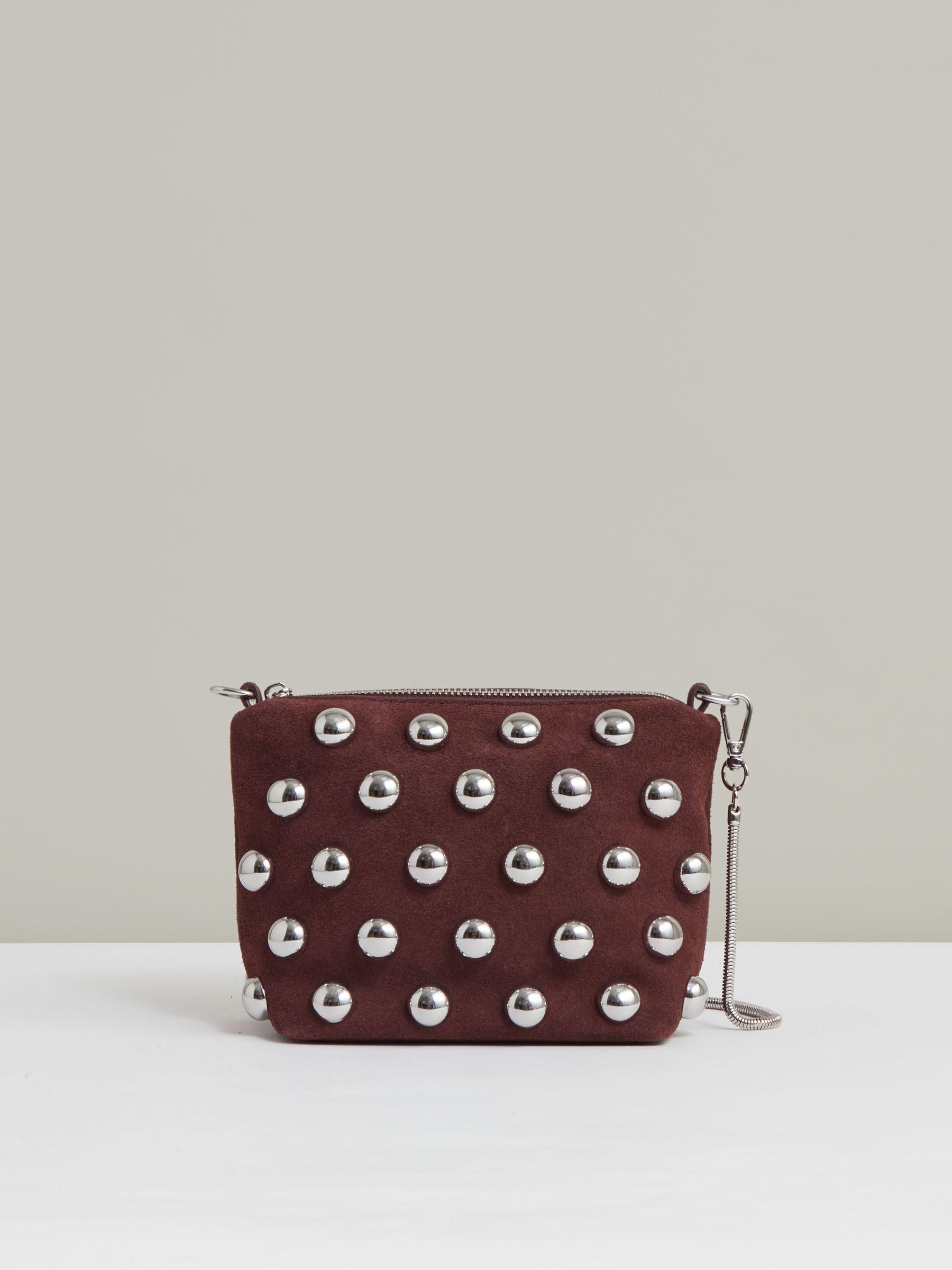 Suede Studded Shoulder Bag in Oxblood Product Image