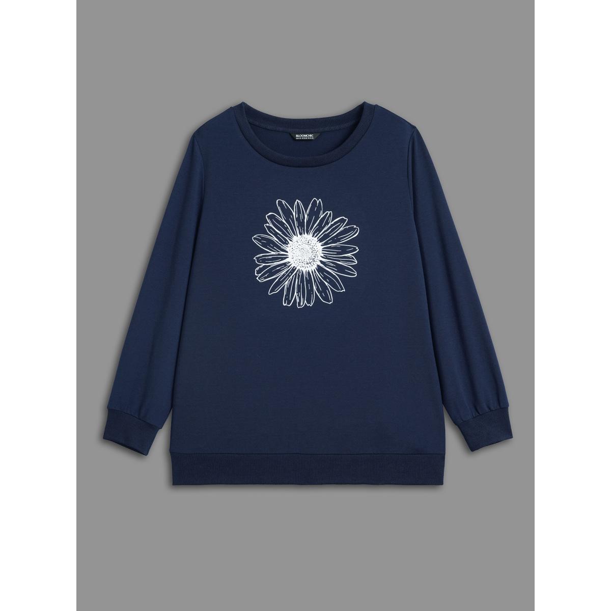 Plus Size Floral Print Crew Neck Sweatshirt Women Indigo Casual Non Round Neck Everyday Sweatshirts BloomChic 18-20/2X Product Image