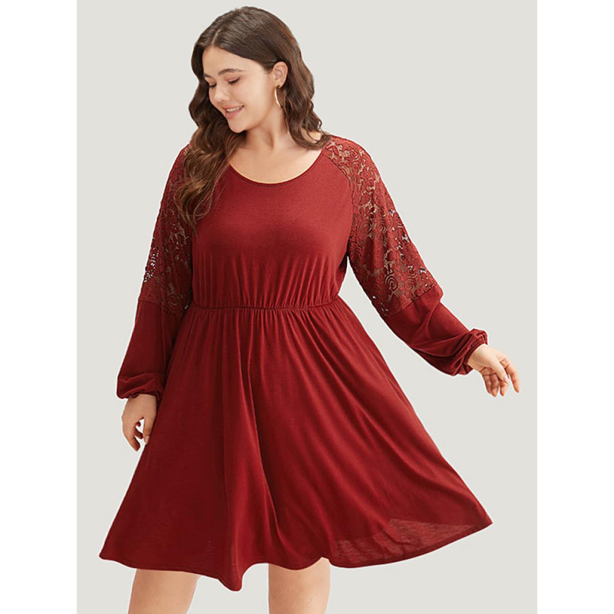 Plus Size Plain Pocket Lace Panel Lantern Sleeve Dress Scarlet Women Casual Elastic cuffs Round Neck Long Sleeve Curvy Midi Dress BloomChic 18-20/2X Product Image