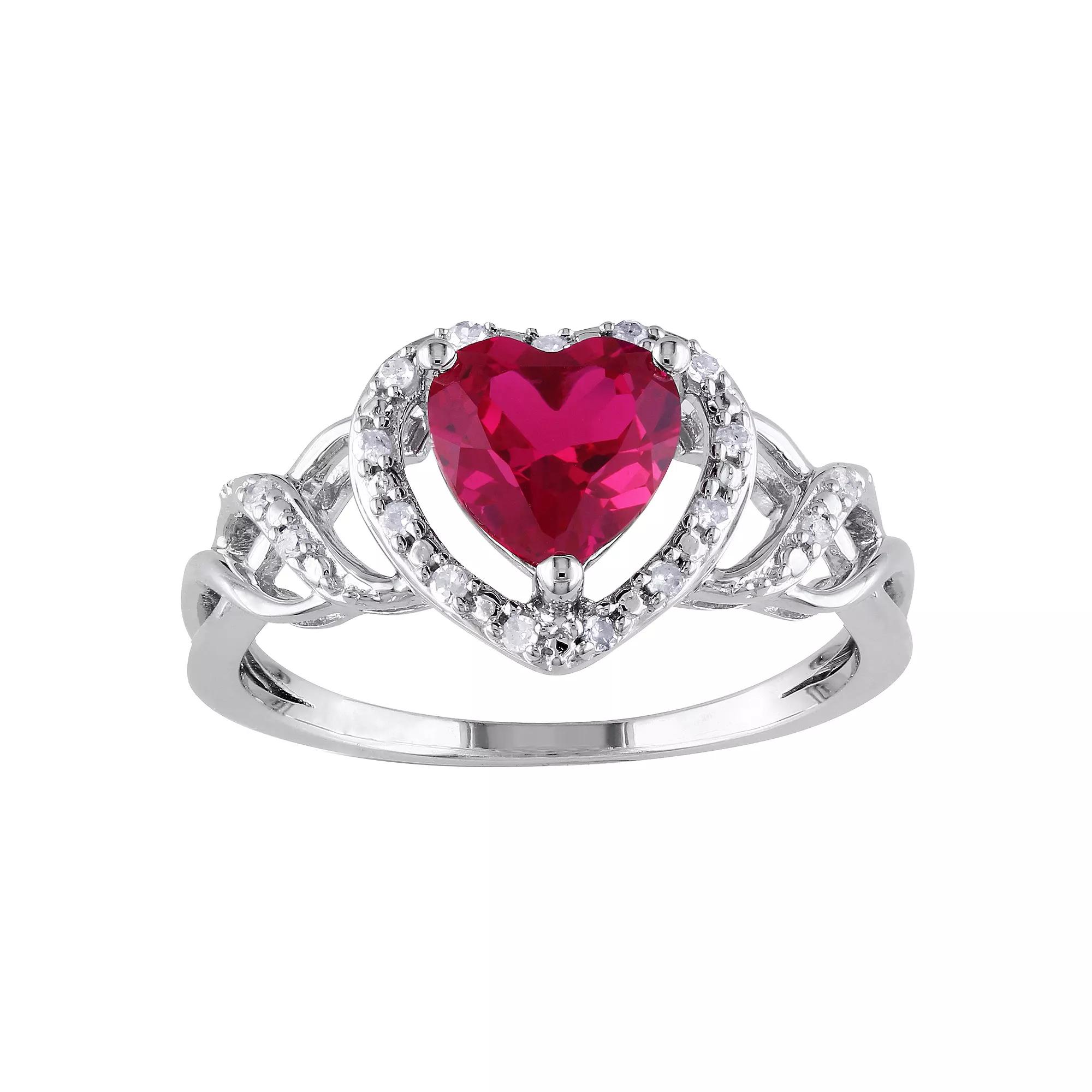 Stella Grace Sterling Silver Lab-Created Ruby & 1/10 Carat T.W. Diamond Heart Ring, Women's, Size: 5.50 Product Image