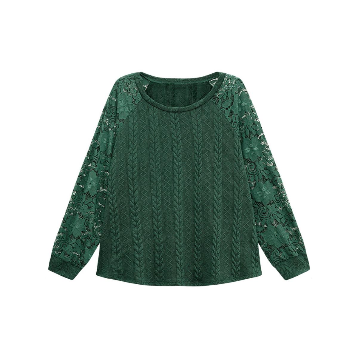 Plus Size Guipure Lace Cable Knit Raglan Sleeve Sweatshirt Women Green Elegant Texture Round Neck Dailywear Sweatshirts BloomChic 26/4X Product Image