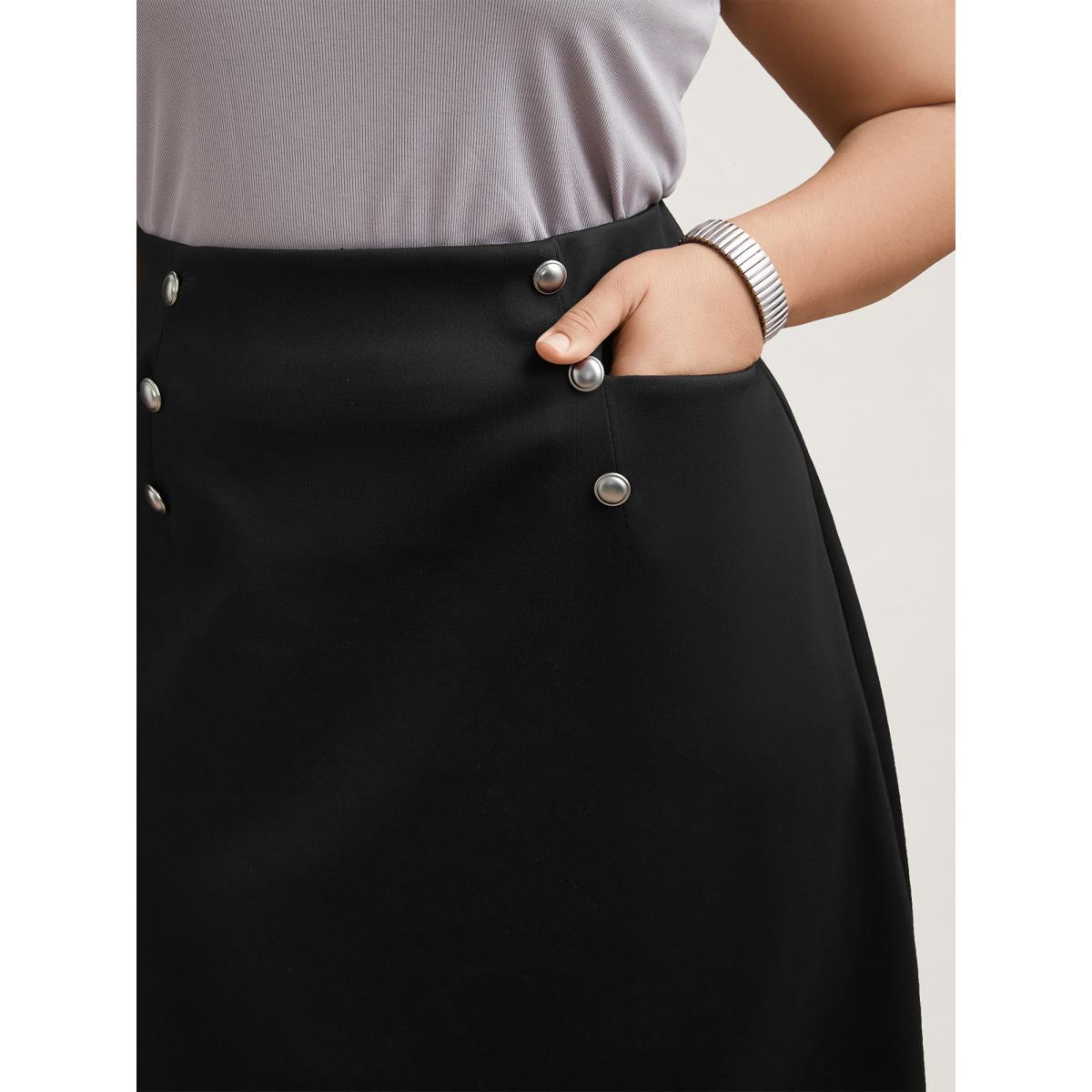 Plus Size Buckle Side Buttons Flared Midi Skirt Women Black At the Office Button Medium stretch Slanted pocket Work Skirts BloomChic 10/M Product Image