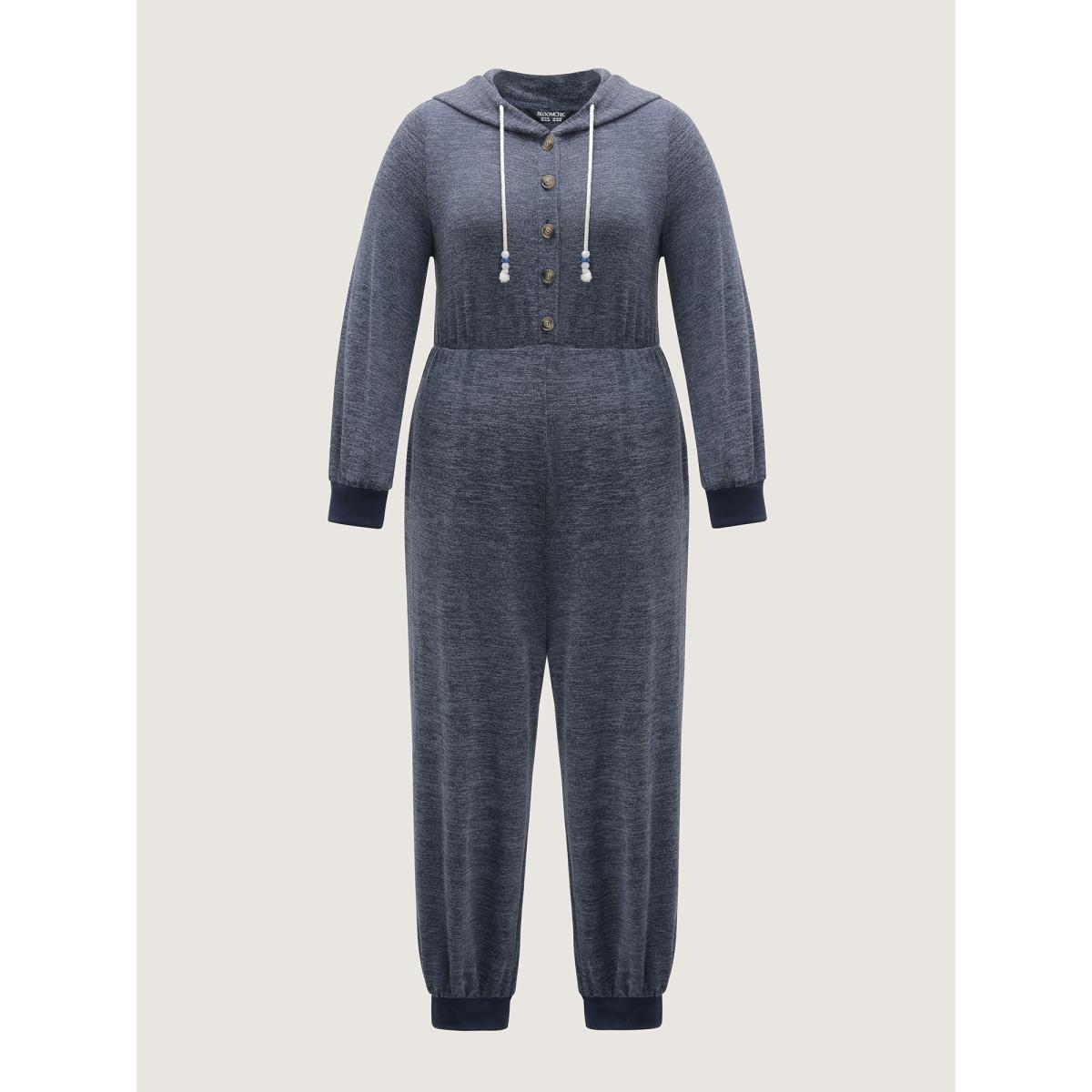 Plus Size Indigo Heather Placket Pockets Ribbed Cuffs Jumpsuit Women Leisure Long Sleeve Hooded Casual Loose Jumpsuits BloomChic 18-20/2X Product Image