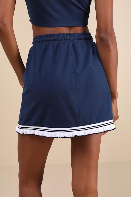 Sweet Score Navy Blue Ruffled Drawstring High-Rise Mini Skirt Product Image