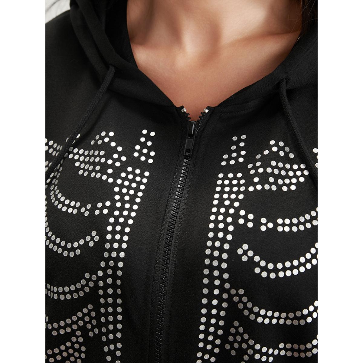 Plus Size Halloween Skeleton Print Zip Up Drawstring Hooded Sweatshirt Women Black Casual Printed Hooded Dailywear Sweatshirts BloomChic 10/M Product Image