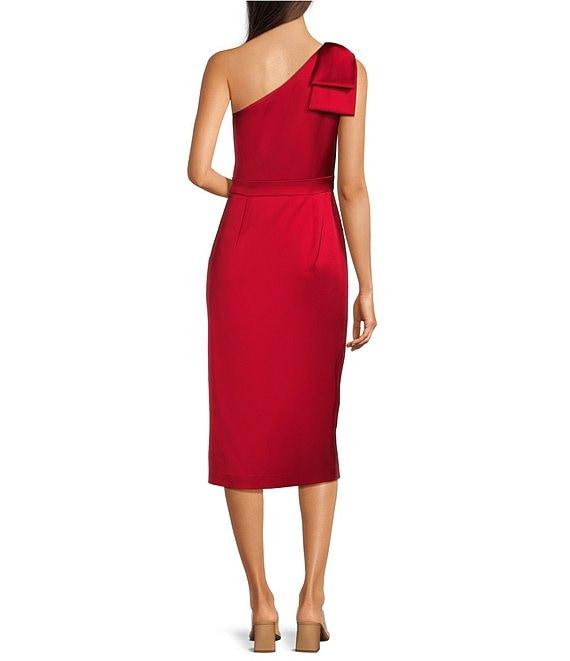 Alex Marie Molly Satin Asymmetrical One Bow Shoulder Sleeveless Faux Wrap Split Hem Sheath Midi Dress Product Image
