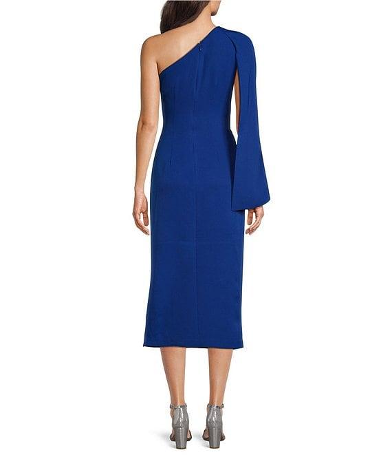 JS Collections Stretch Crepe One Shoulder Neck One Cape Sleeve Beaded Side Sheath Midi Dress Product Image