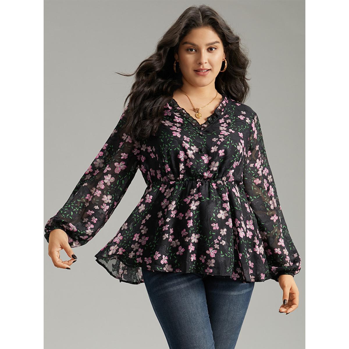 Plus Size Black Floral Print Frill Trim Blouse Women Elegant Long Sleeve V-neck Dailywear Blouses BloomChic 12/L Product Image
