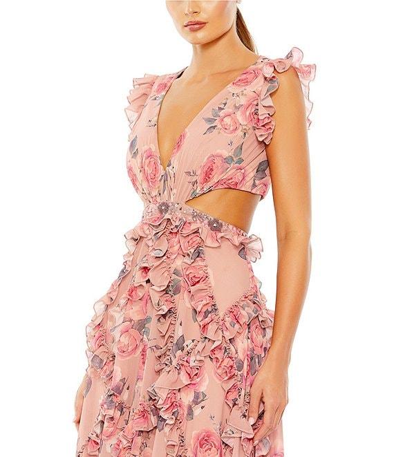 Mac Duggal Cutout Floral V-Neck Ruffled Cap Sleeve Gown Product Image