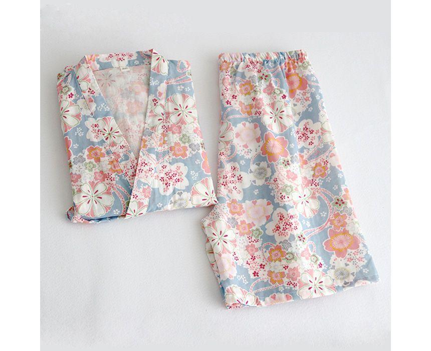 Pajama Set: Elbow-Sleeve Print Kimono Top + Lounge Shorts Product Image